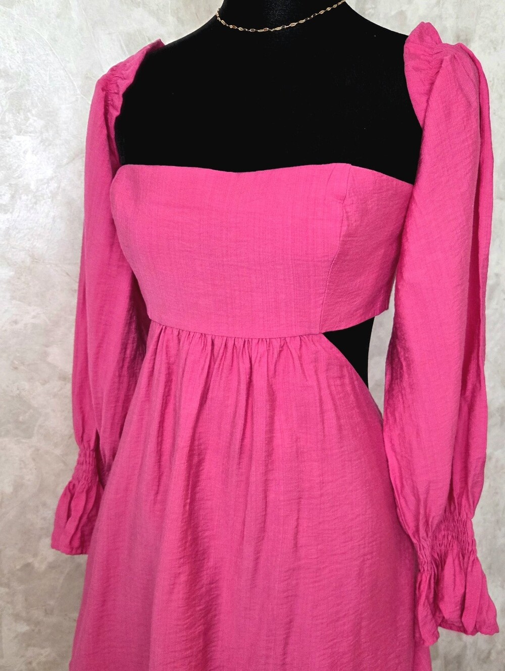 Seven Wonders Hot Pink Cutout Mini Dress Puff Sleeve Open Back Flowy